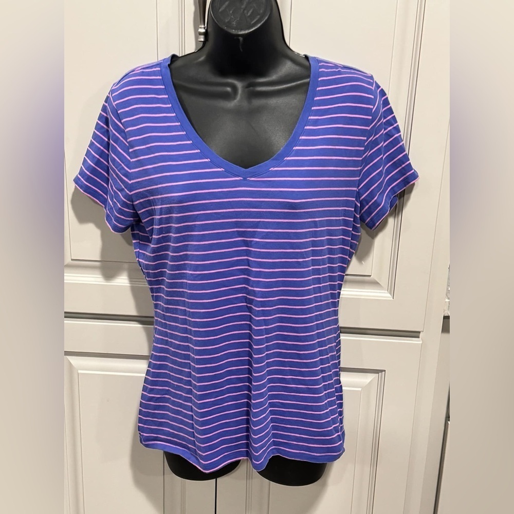 SIMPLY STYLED Purple Striped V-Neck Women's Top LARGE